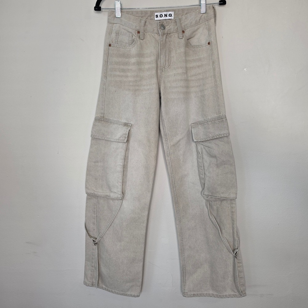 S.O.N.G. Cargo Pants Women 00/23 Tan Denim Straight Leg Utility Strap Jeans